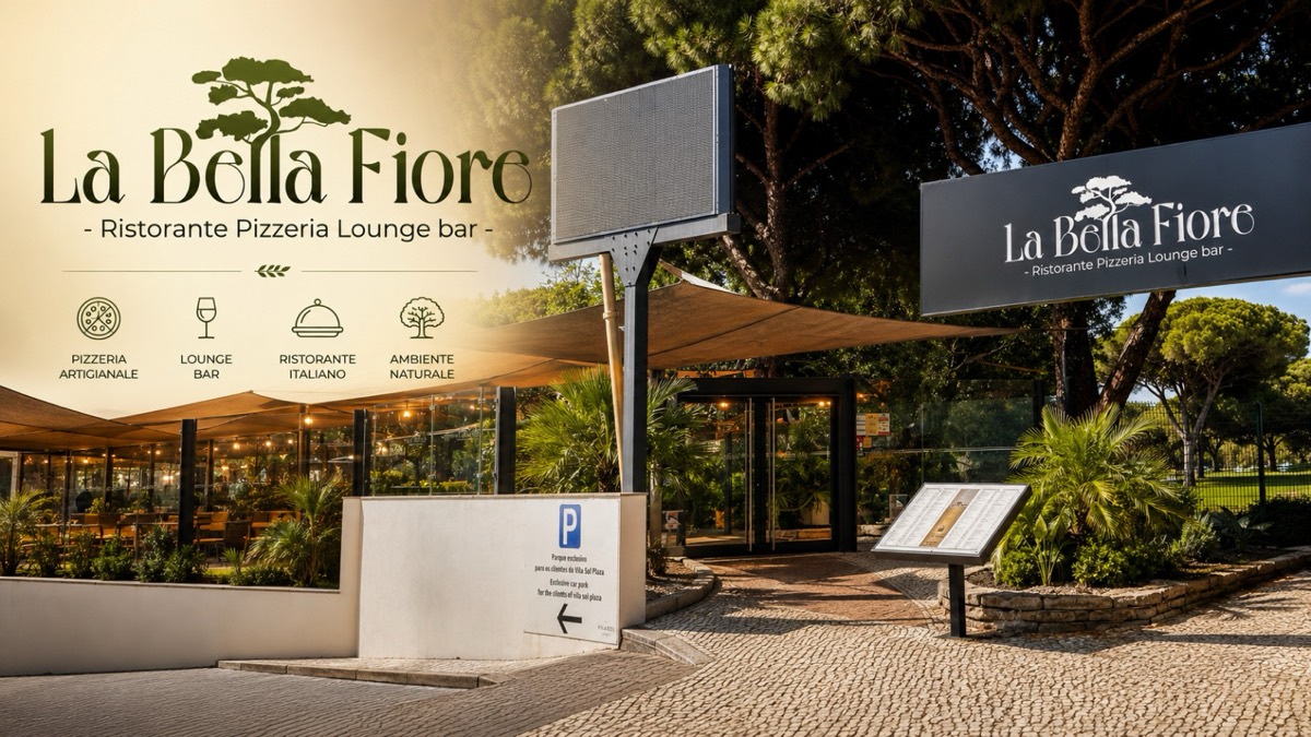La Bella Fiore, Ristorante Pizzeria Lounge bar. Entrada do restaurante em Vila Sol, com esplanada coberta por velas de sombra entre pinheiros