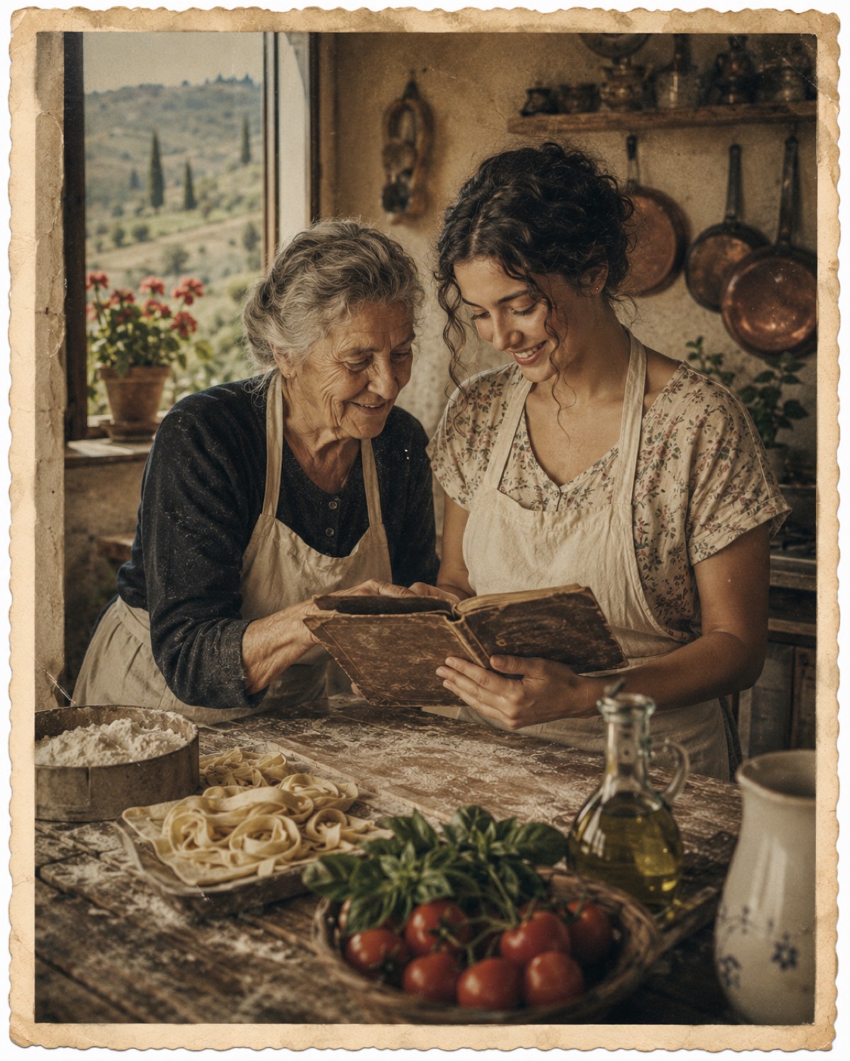 Numa cozinha da Toscana, uma avó e uma jovem folheiam um velho caderno de receitas, com massa fresca, tomate e manjericão na mesa